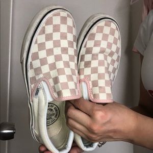 Pink checkered slip on vans